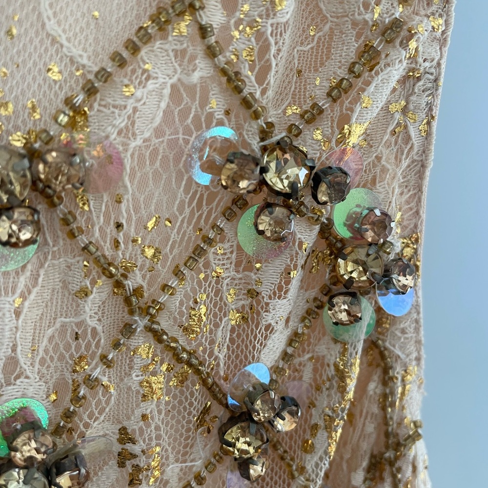 Anthropologie Gold-Beige Beaded V-Neck Midi Dress - Picture 5 of 12